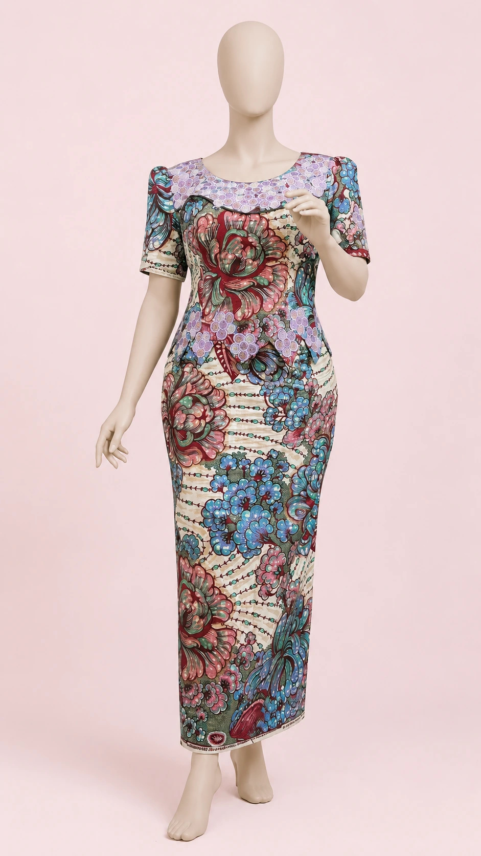 Floral-Print Maxi Dress with Contrast Neckline